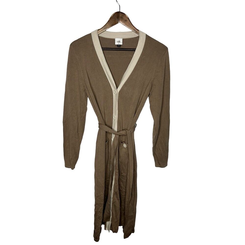CAbi Women's medium Genteel Cardigan Belted Long Knit Taupe Sweater 6161